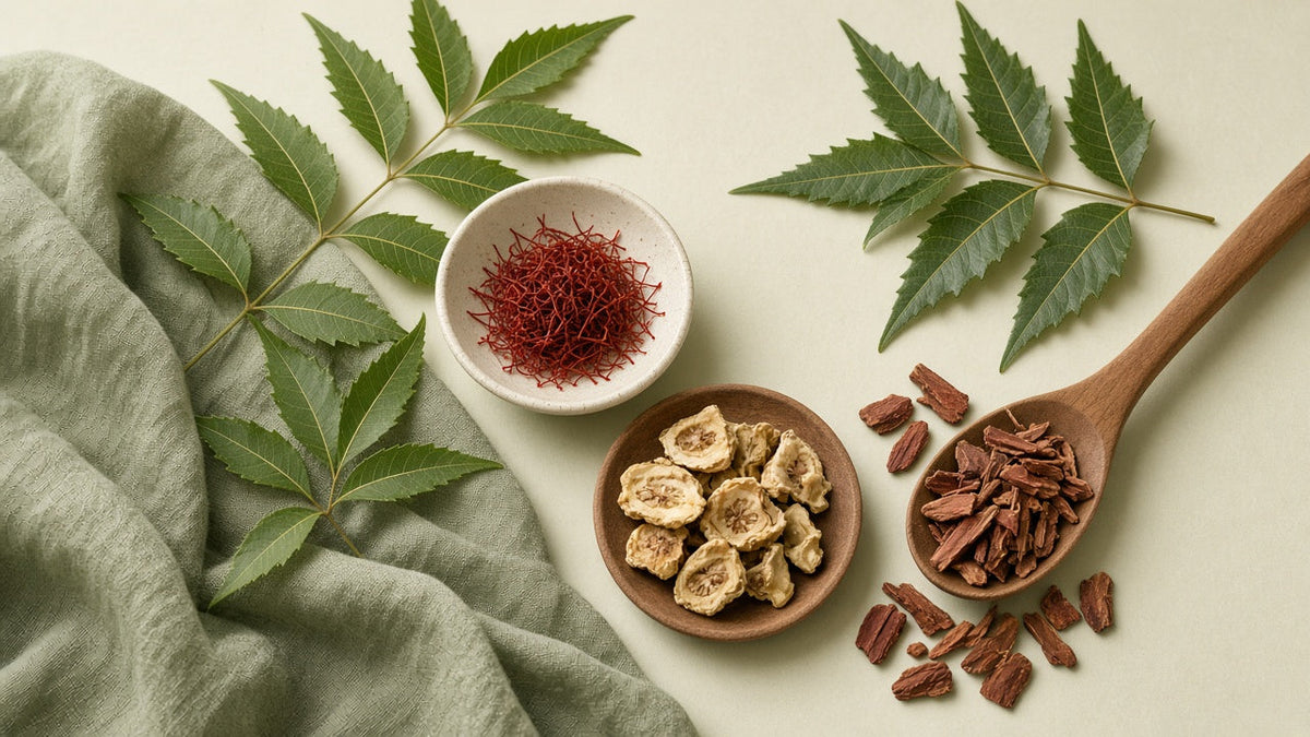 Neem leaves, saffron threads and dried Ayurvedic herbs – Ayurvedic Skincare Ingredients Guide, Bare Nectar