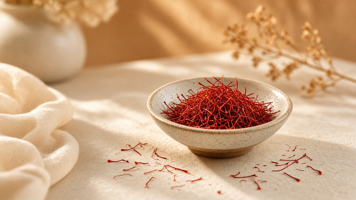 Bowl of red saffron threads (kesar) on natural linen – Saffron for Skin, Bare Nectar