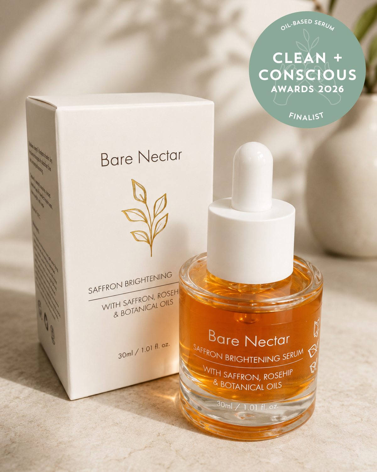 Bare Nectar Saffron Brightening Serum 30 ml bottle and Box + Clean and Conscious Awards Finalist Rosette 
