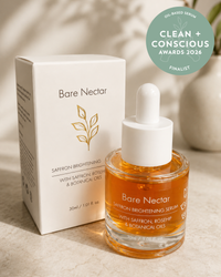 Bare Nectar Saffron Brightening Serum 30 ml bottle and Box + Clean and Conscious Awards Finalist Rosette 