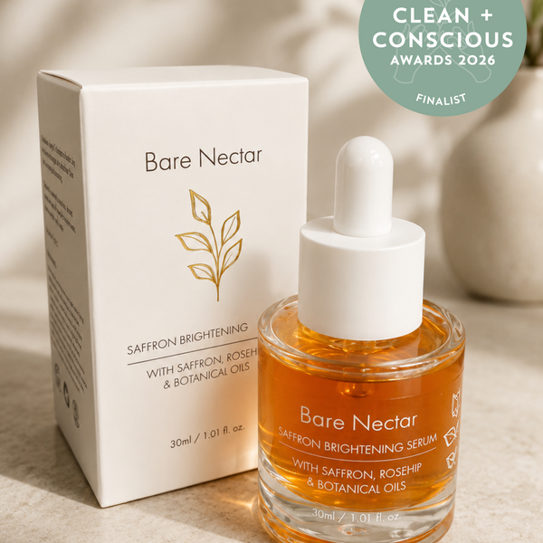 Bare Nectar Saffron Brightening Serum 30 ml bottle and Box + Clean and Conscious Awards Finalist Rosette 