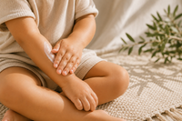 Kid applying lotion on arm