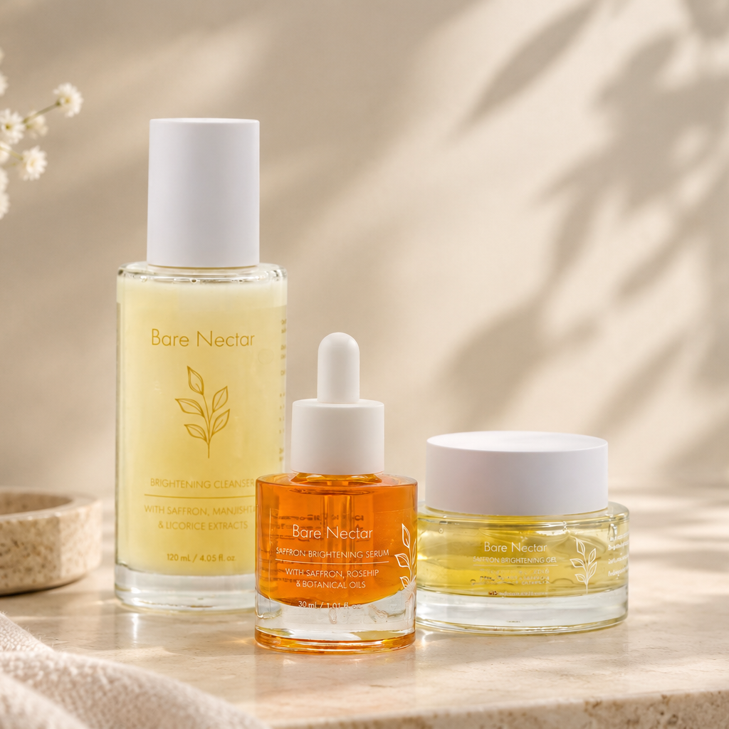 Bare Nectar Saffron Brightening Ritual Set - serum gel cleanser trio